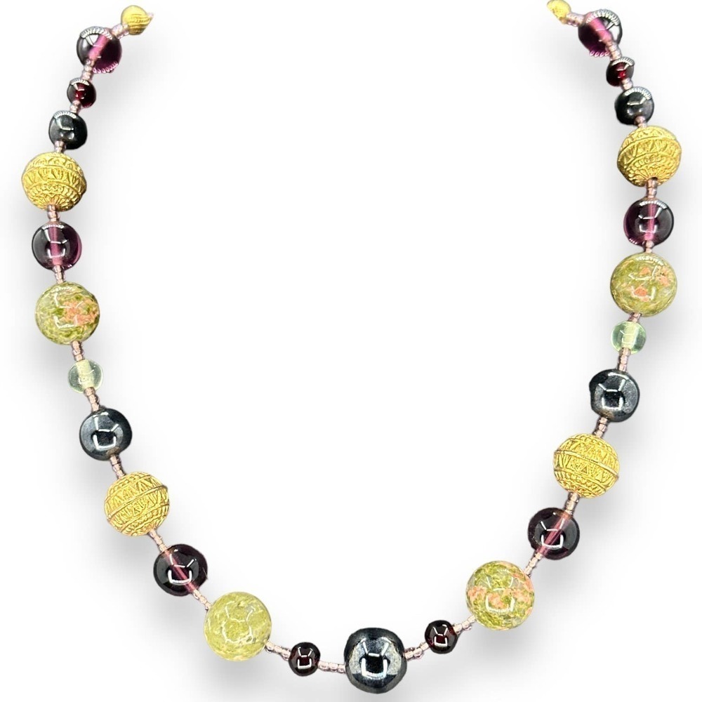 Glass Beads Necklace 17” Choker Green Purple Beads over Gold Plated
